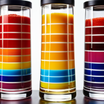 A vibrant, layered rainbow tower in a clear glass, showcasing distinct bands of colored liquids (red, yellow, blue, etc.), illustrating density differences with sugar solutions. Focus on the visual separation and colorful presentation.