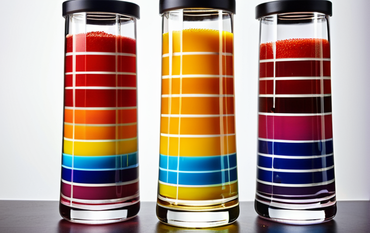 A vibrant, layered rainbow tower in a clear glass, showcasing distinct bands of colored liquids (red, yellow, blue, etc.), illustrating density differences with sugar solutions. Focus on the visual separation and colorful presentation.