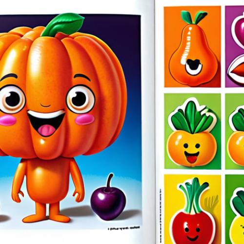 A vibrant activity book illustration for ages 3-5: featuring colorful fruits and vegetables with a cute cartoon character, focusing on a "find the colored vegetables" activity.