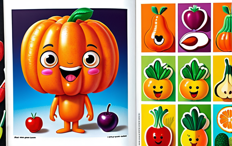 A vibrant activity book illustration for ages 3-5: featuring colorful fruits and vegetables with a cute cartoon character, focusing on a "find the colored vegetables" activity.